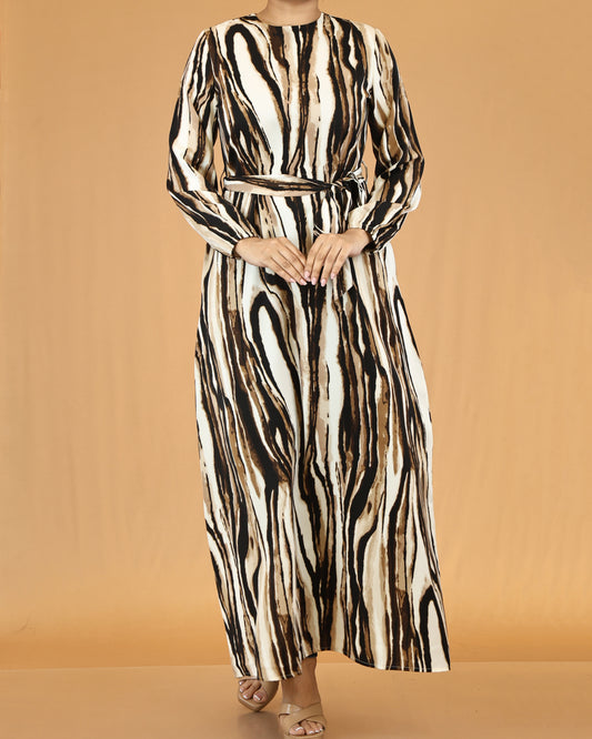 Waist Tie Belt Long Sleeve Beige Zebra Print Maxi Dress