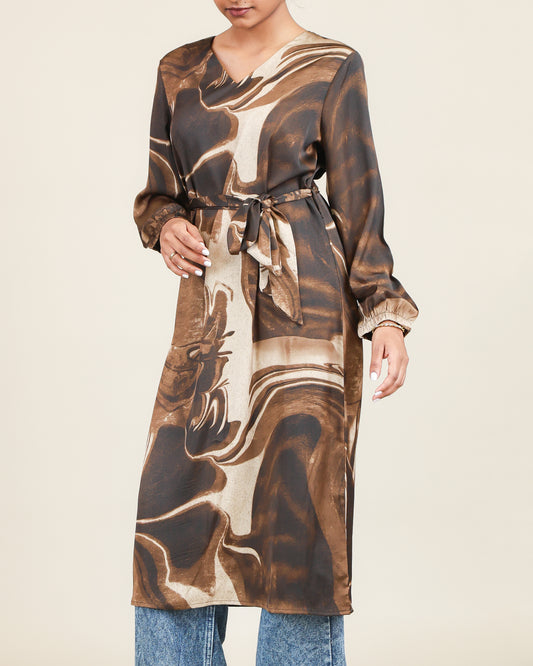 Mocha Marble Flow Belted Top