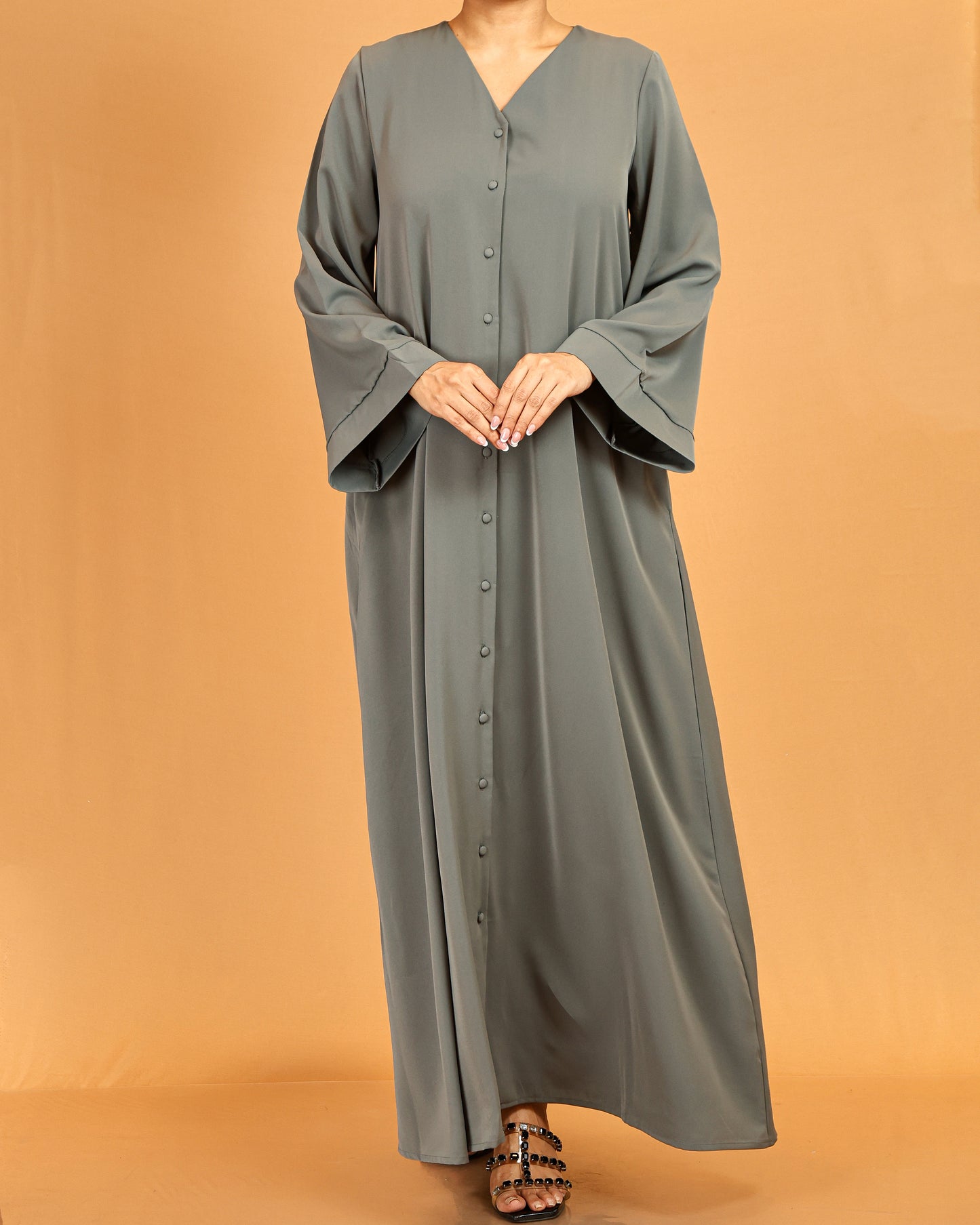 Button-Front Flared Sleeve Abaya Maxi – Grey