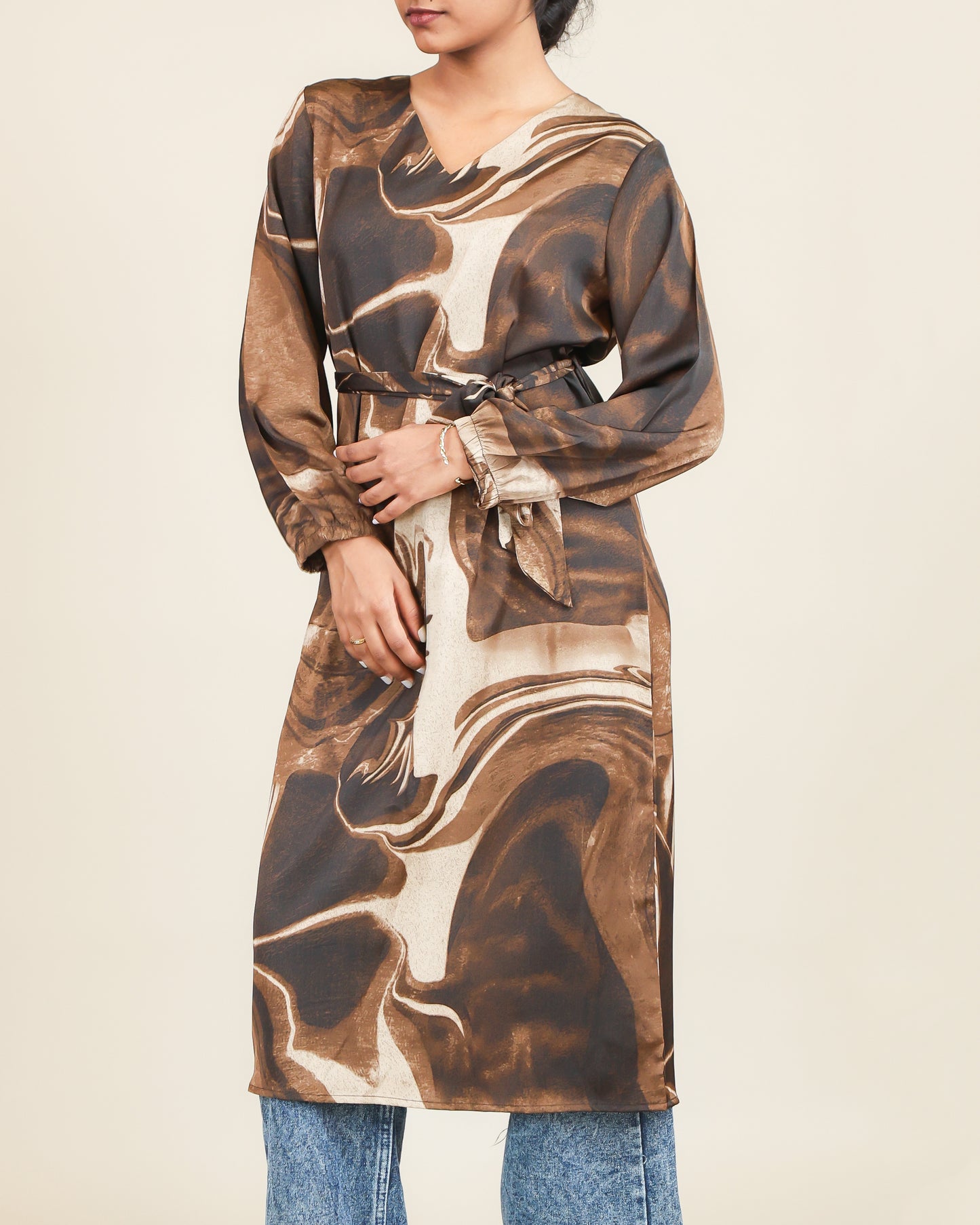 Mocha Marble Flow Belted Top