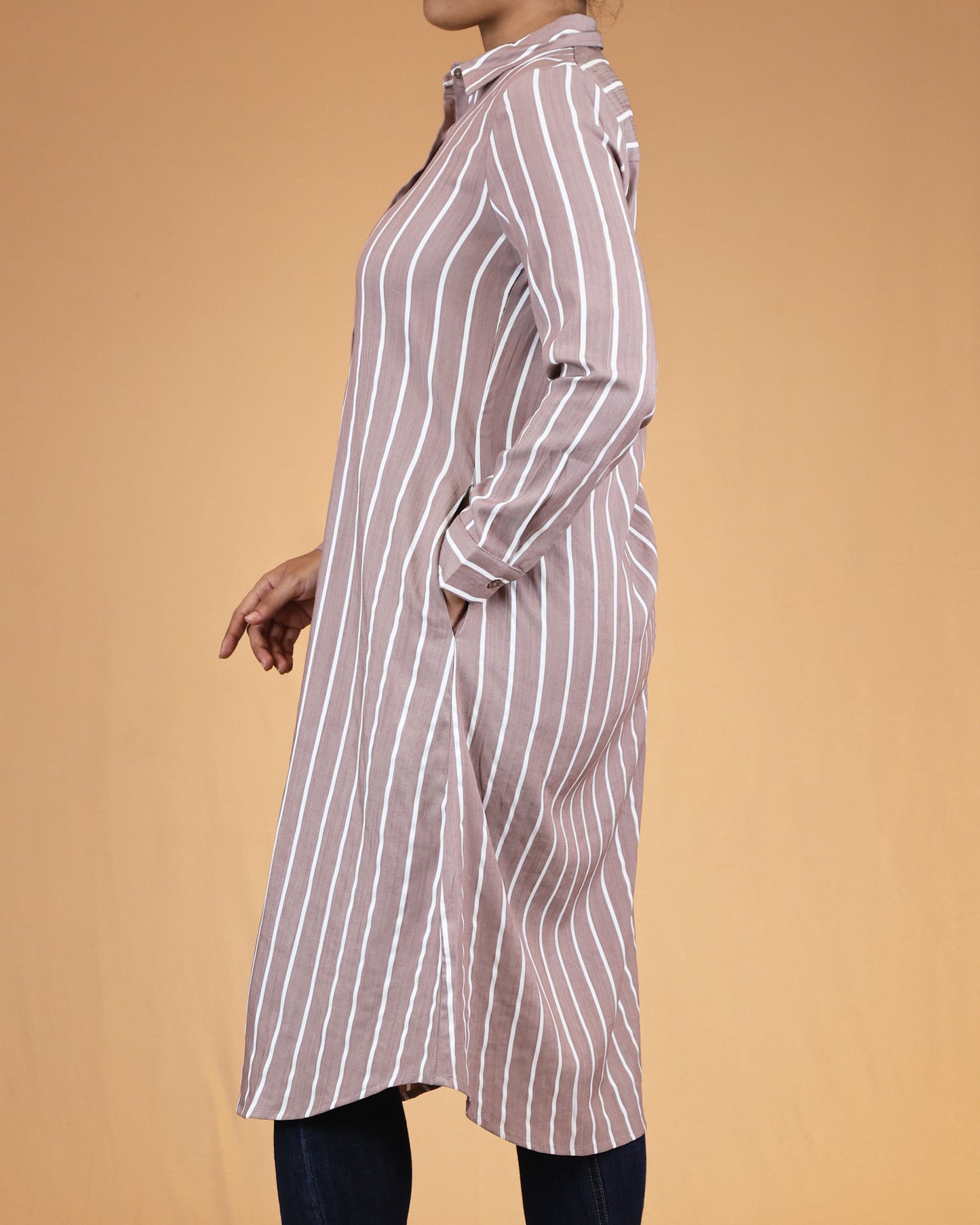 Dusty Rose Striped Shirt Dress with Classic Collar