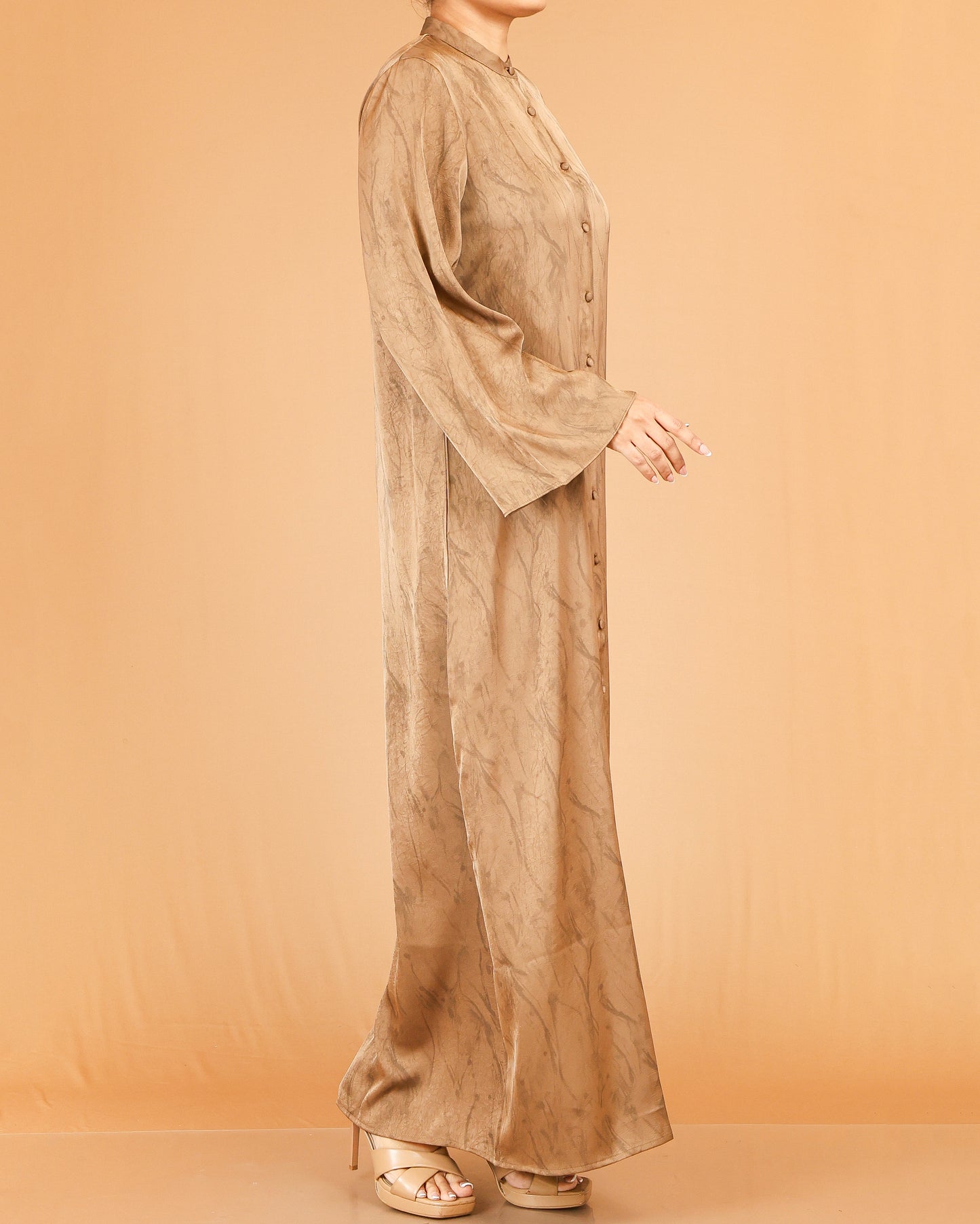 Brown Marble Print Abaya Maxi with Front Button Detail