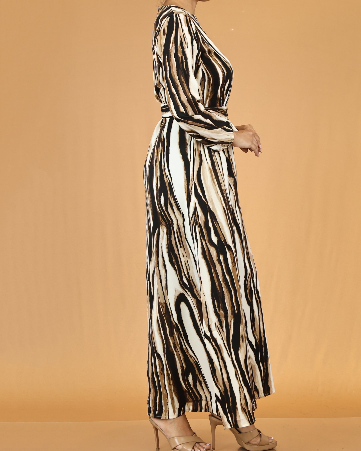 Waist Tie Belt Long Sleeve Beige Zebra Print Maxi Dress