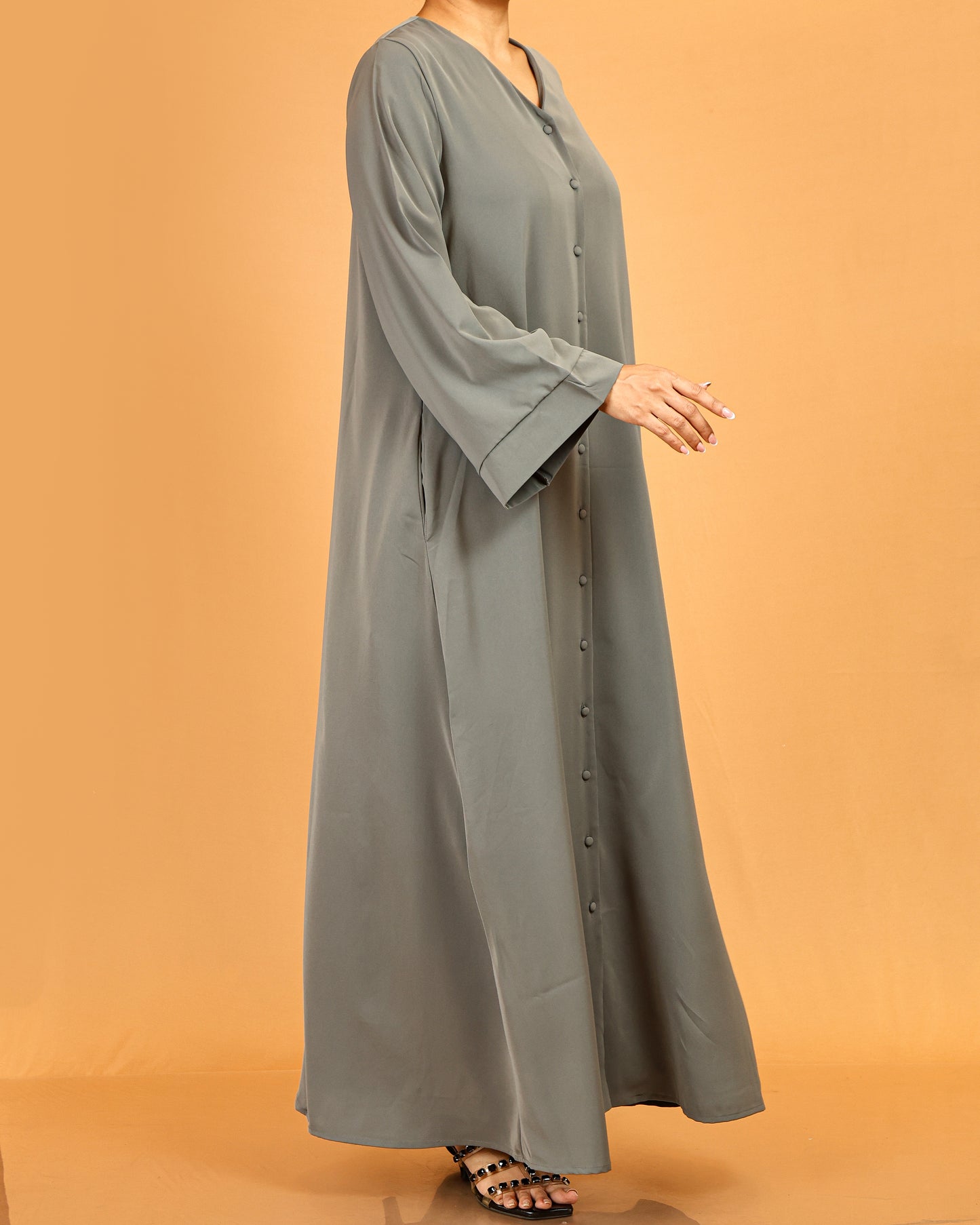 Button-Front Flared Sleeve Abaya Maxi – Grey