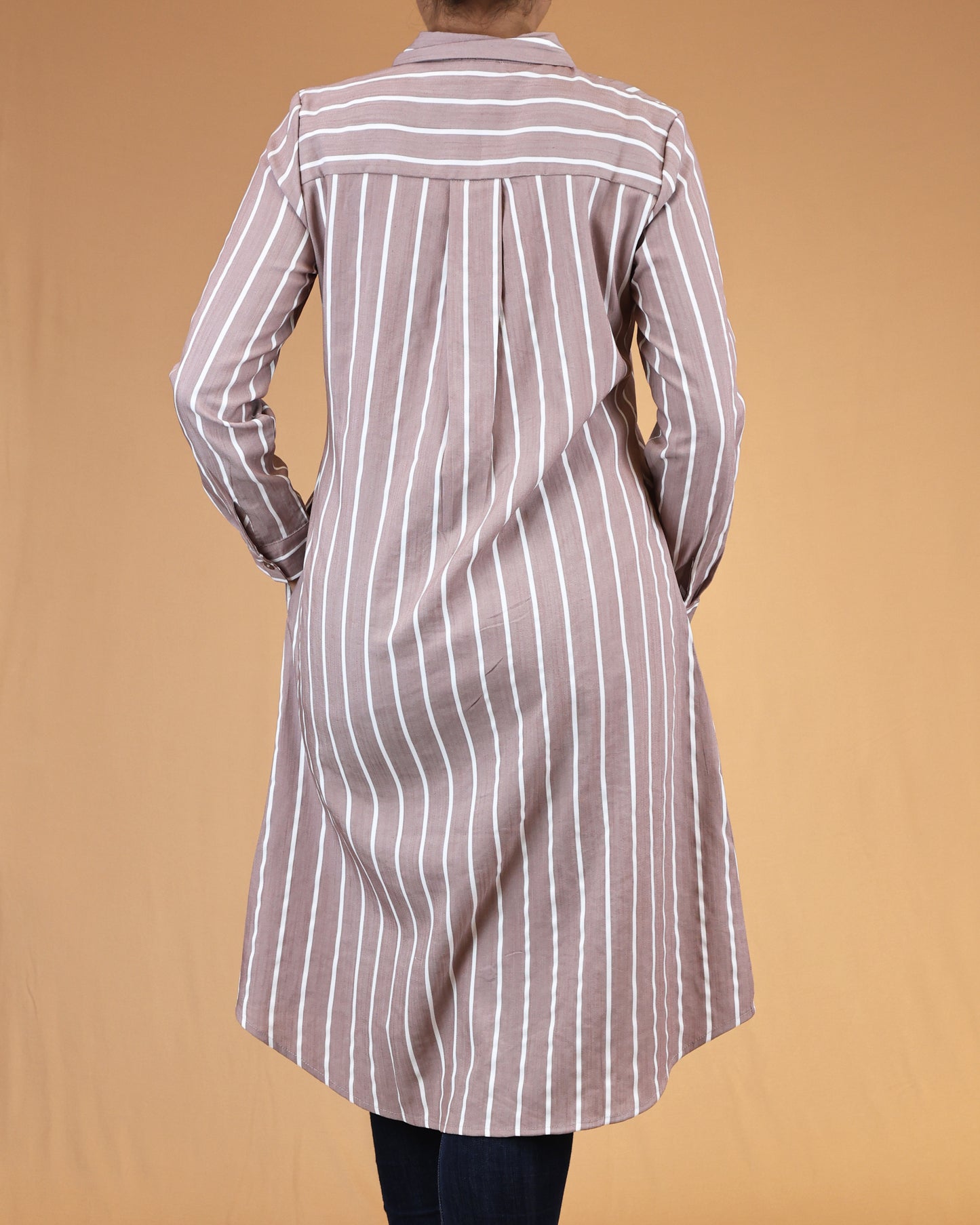 Dusty Rose Striped Shirt Dress with Classic Collar