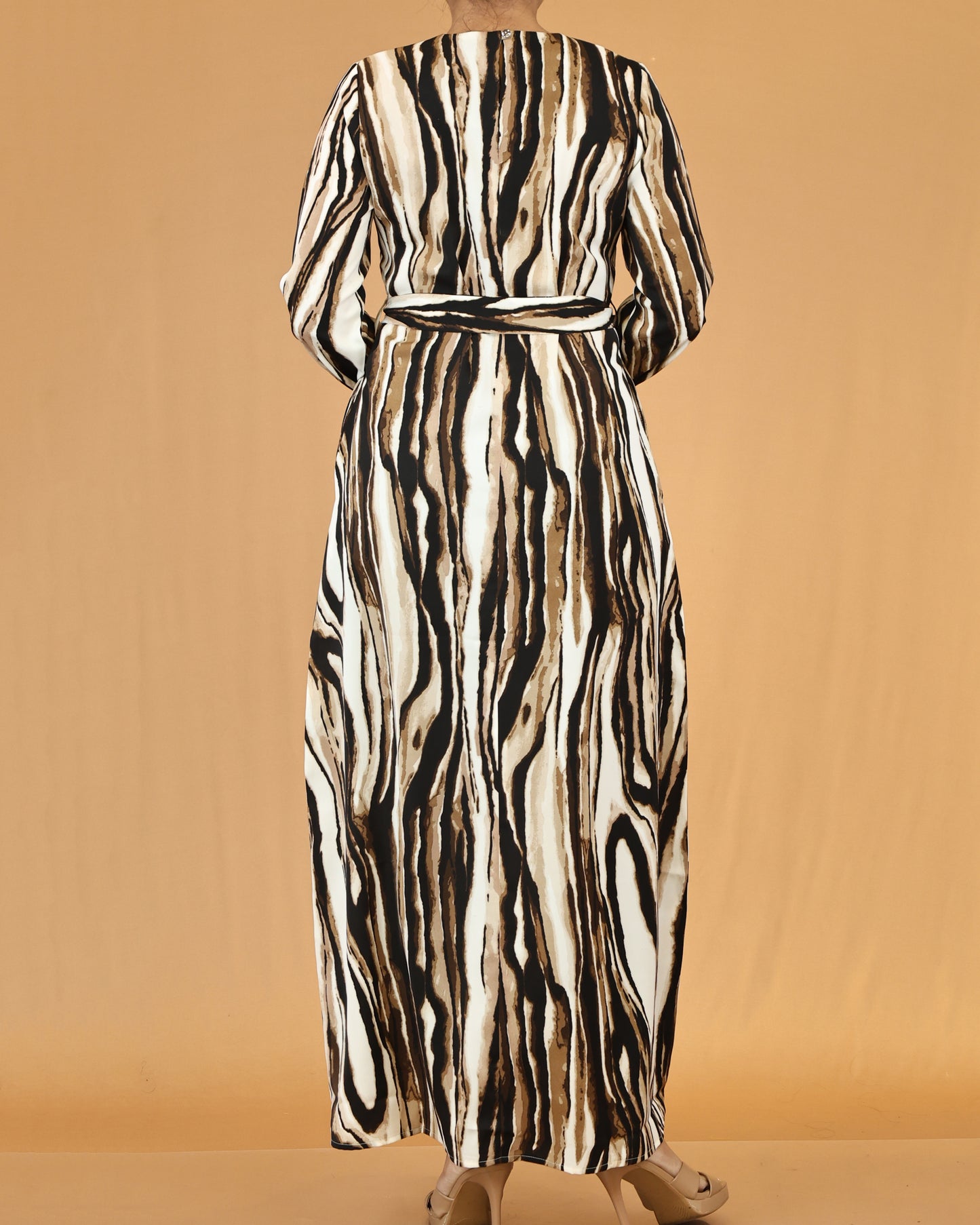 Waist Tie Belt Long Sleeve Beige Zebra Print Maxi Dress