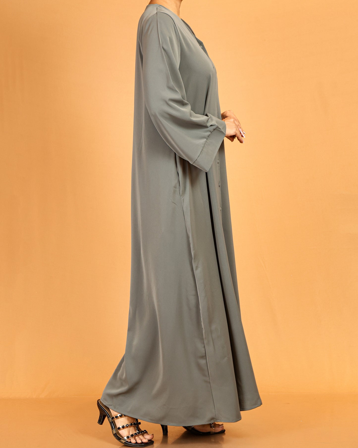 Button-Front Flared Sleeve Abaya Maxi – Grey