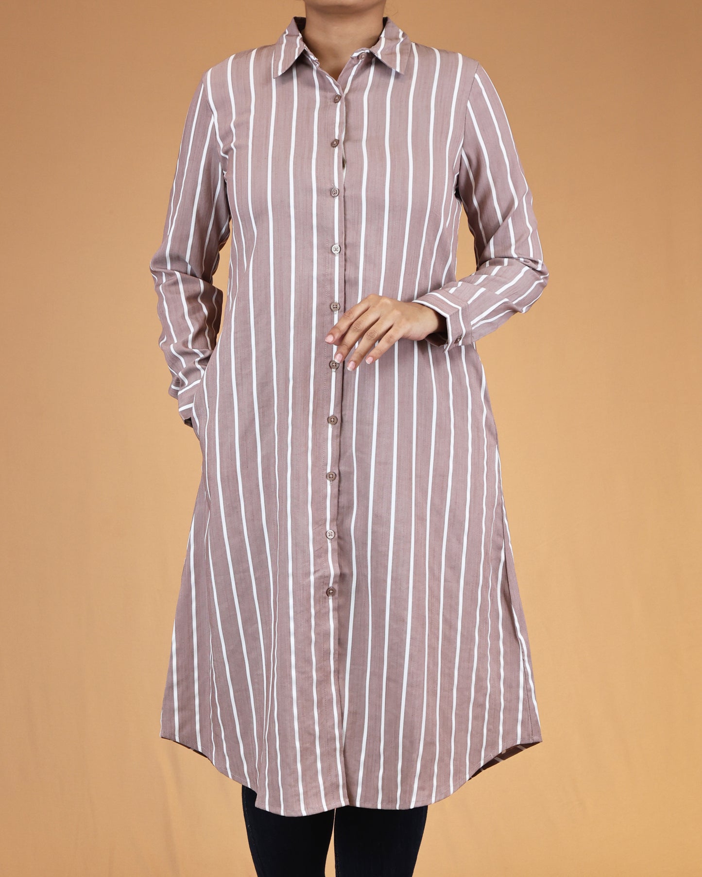Dusty Rose Striped Shirt Dress with Classic Collar