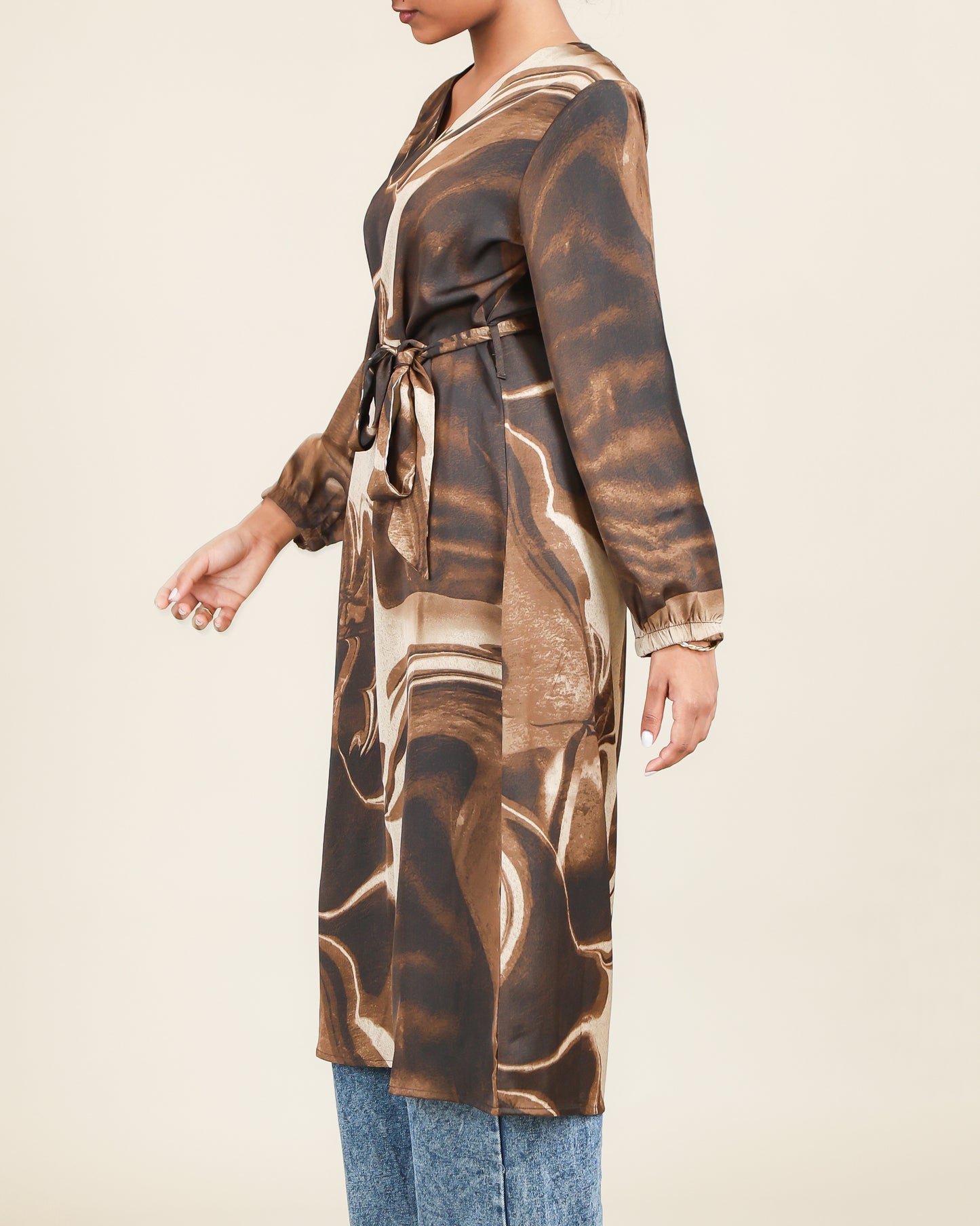 Mocha Marble Flow Belted Top