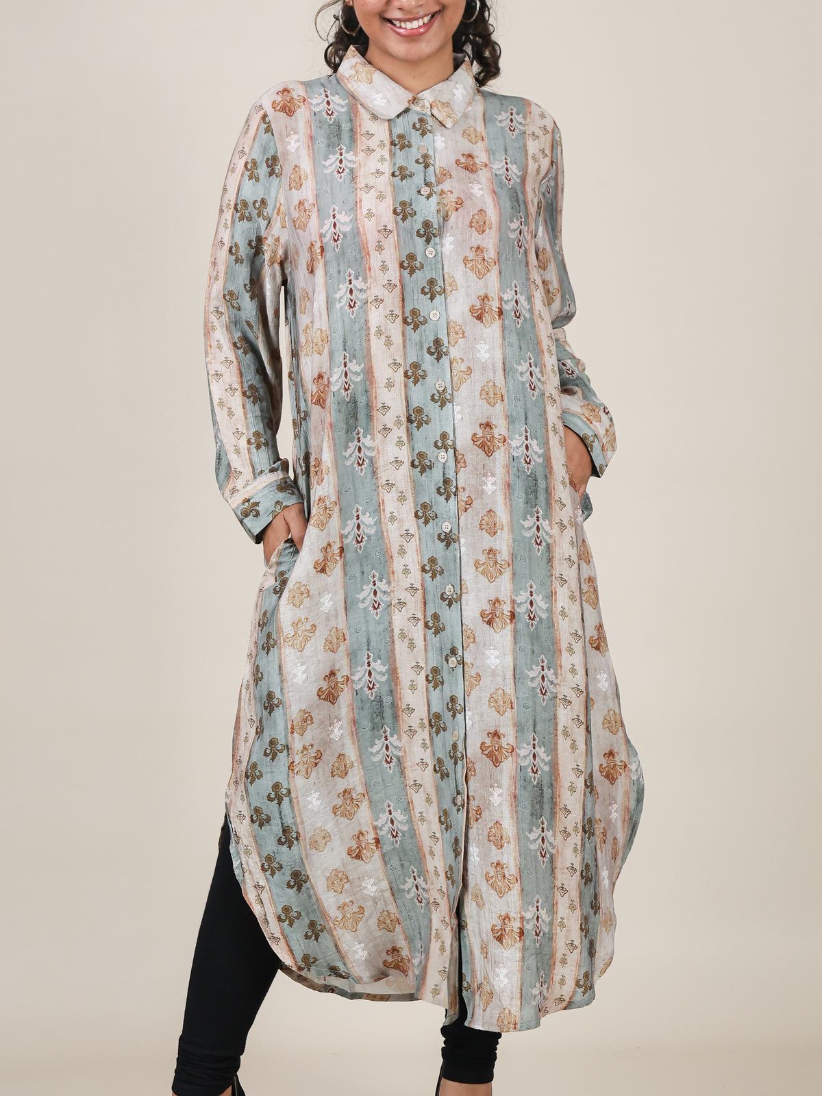 Nerissa Sage Stripe Print Shirt Dress