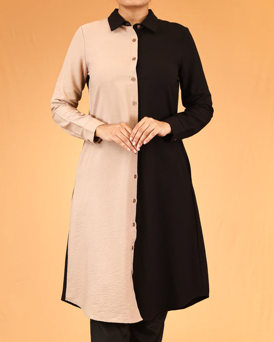Dual-Tone Buttoned Shirt Dress