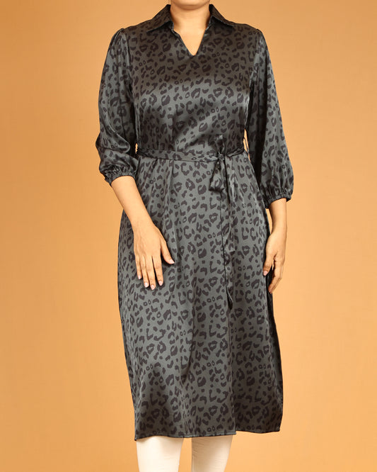 Charcoal Noir Leopard V-Neck Belted Top