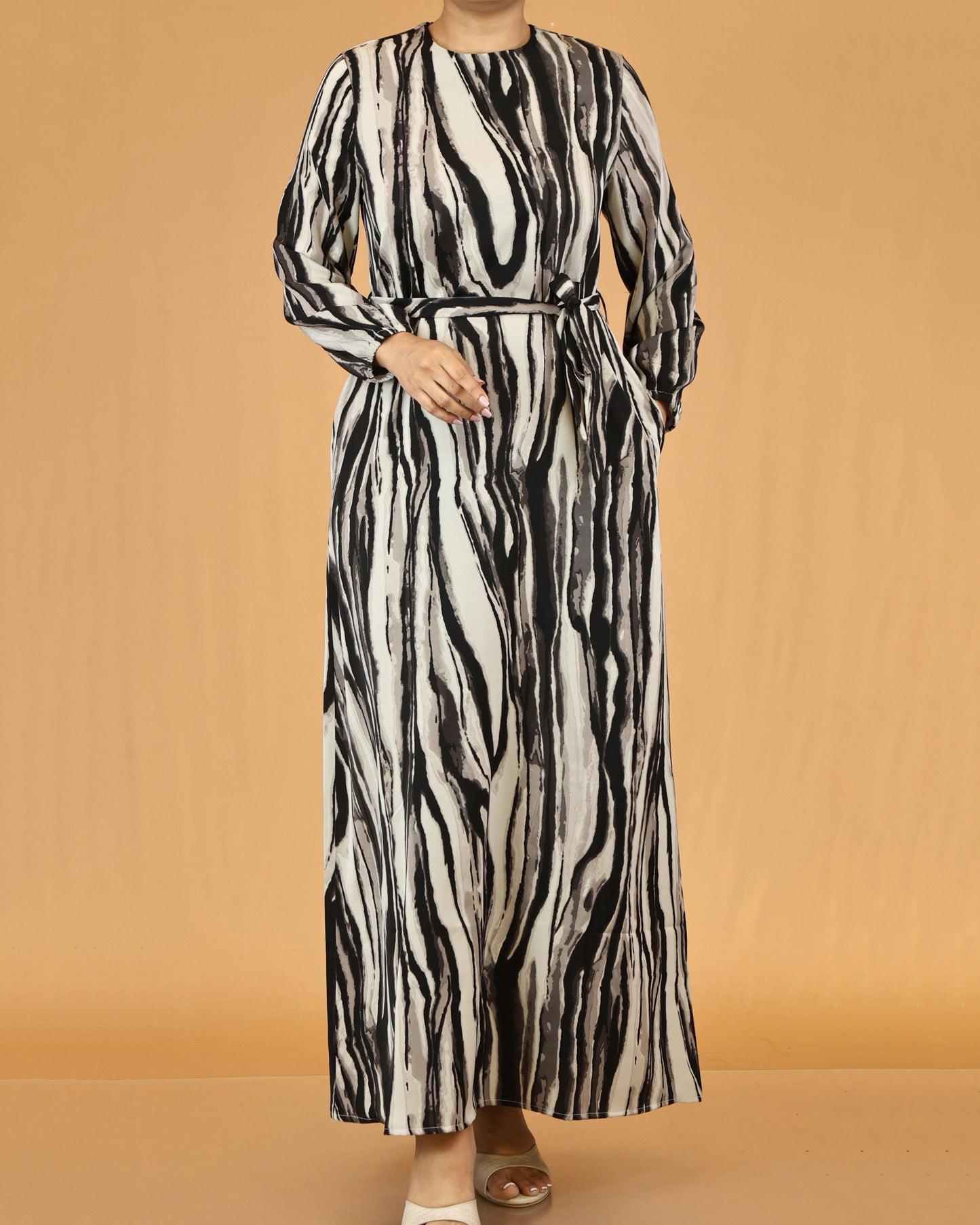 Waist Tie Belt Long Sleeve Grey Zebra Print Maxi Dress