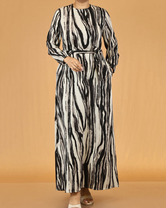 Waist Tie Belt Long Sleeve Grey Zebra Print Maxi Dress