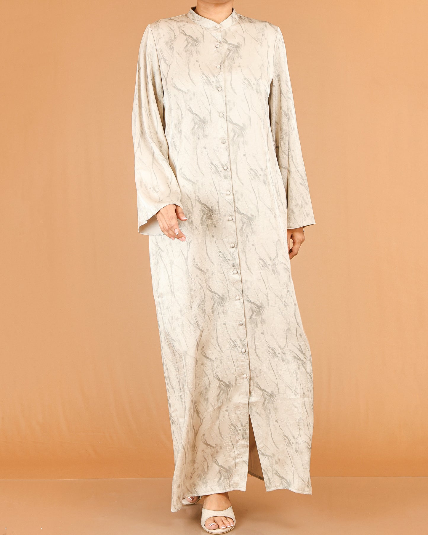 Cream Marble Print Abaya Maxi with Front Button Detail