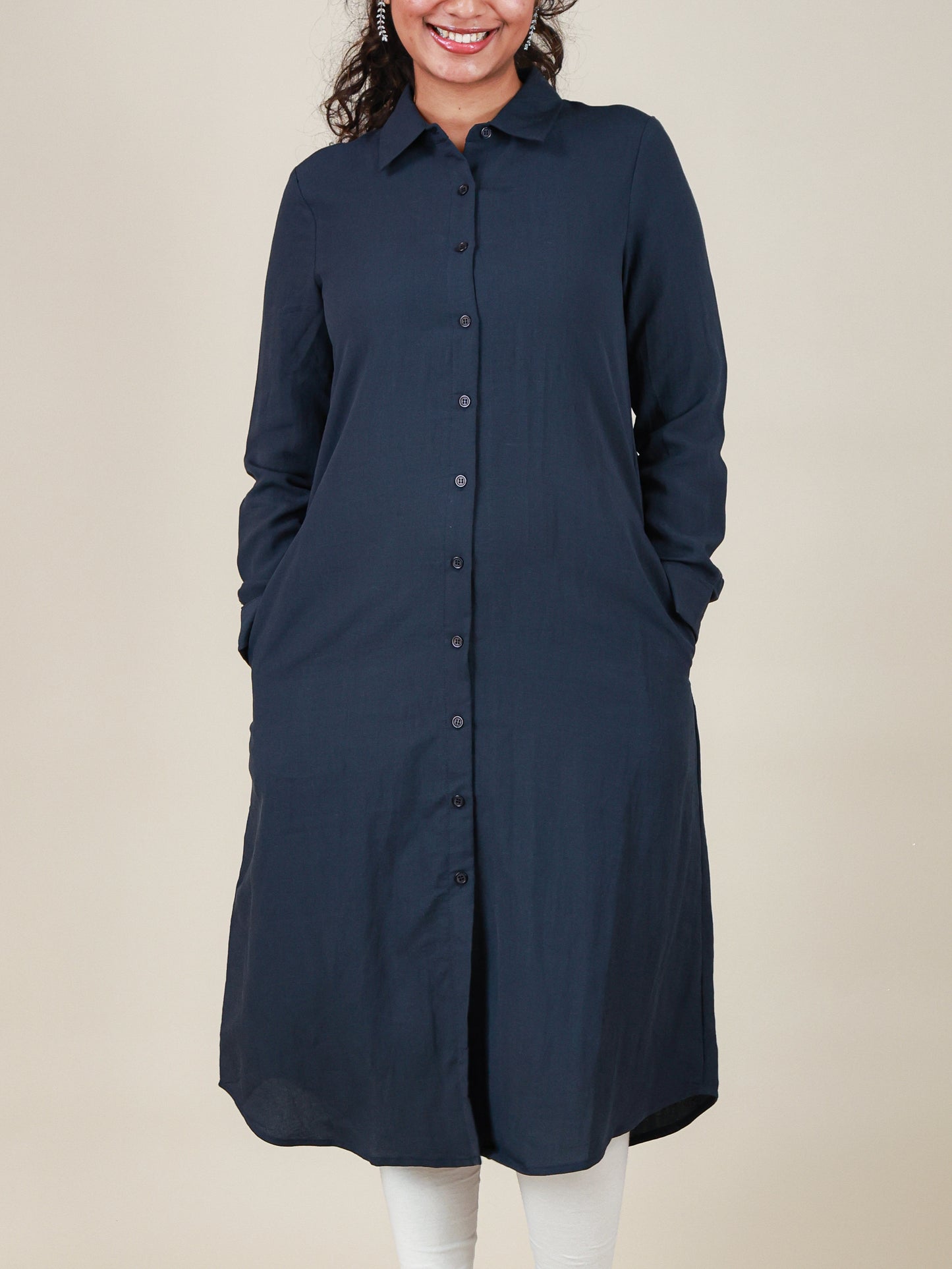 Arlette Button Front Shirt Dress in Midnight Navy