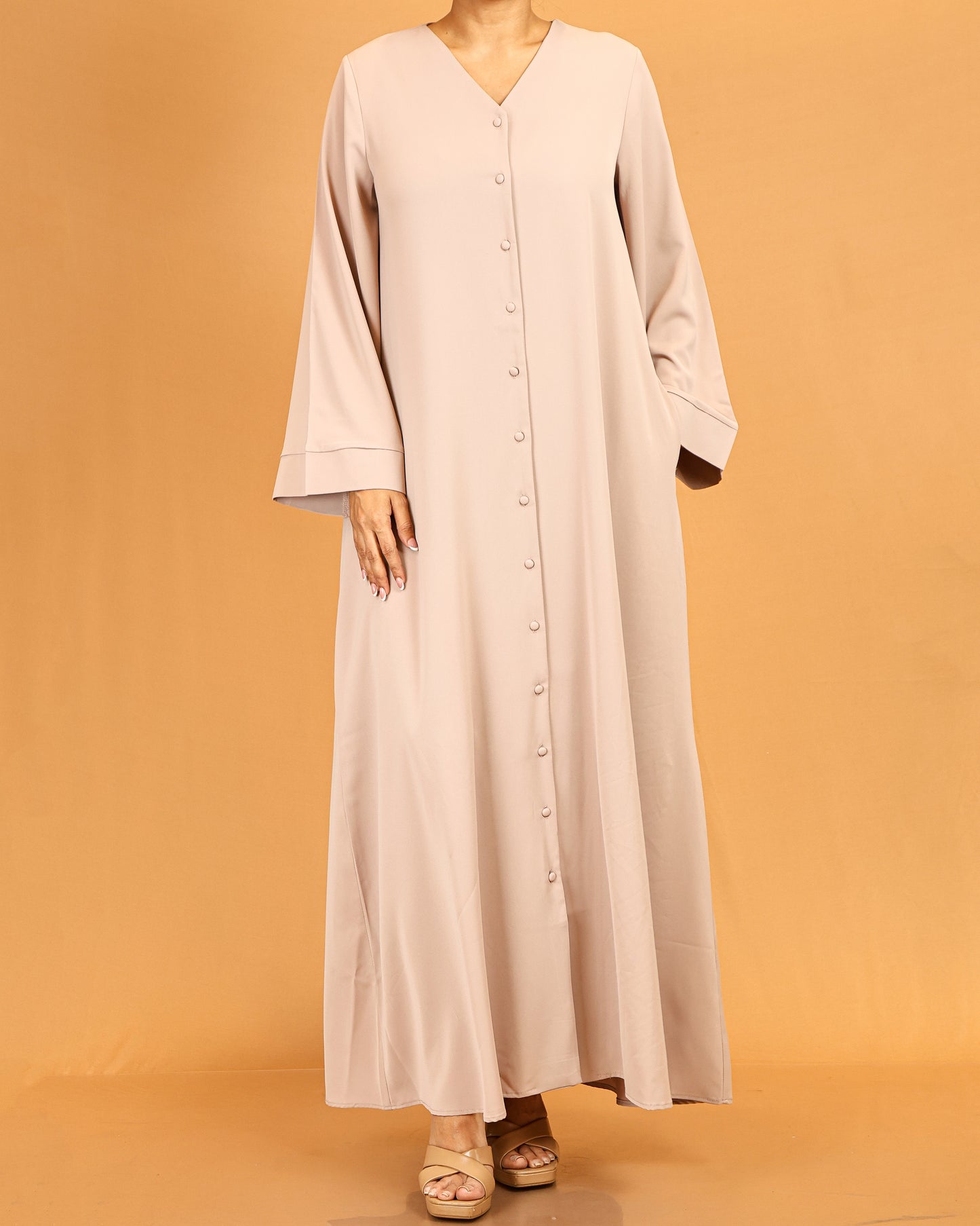 Button-Front Flared Sleeve Abaya Maxi – Beige