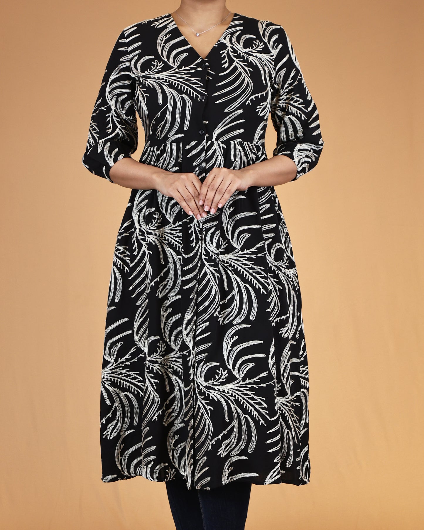 Midnight Noir Embroidered Button-Front Midi Dress