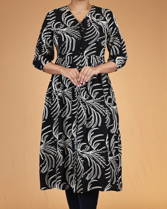 Midnight Noir Embroidered Button-Front Midi Dress