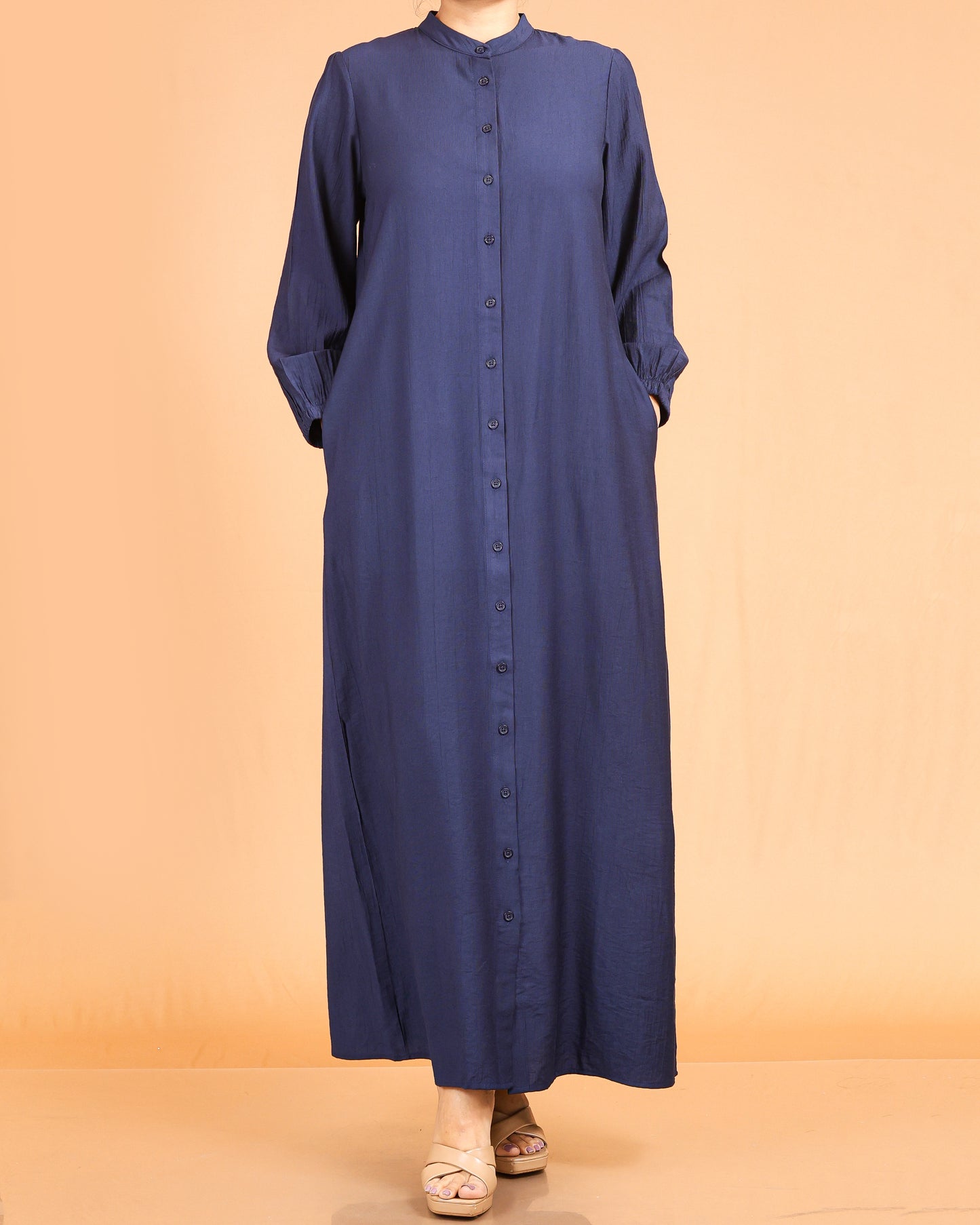 Serene Textured Full-Length Button Maxi – Navy