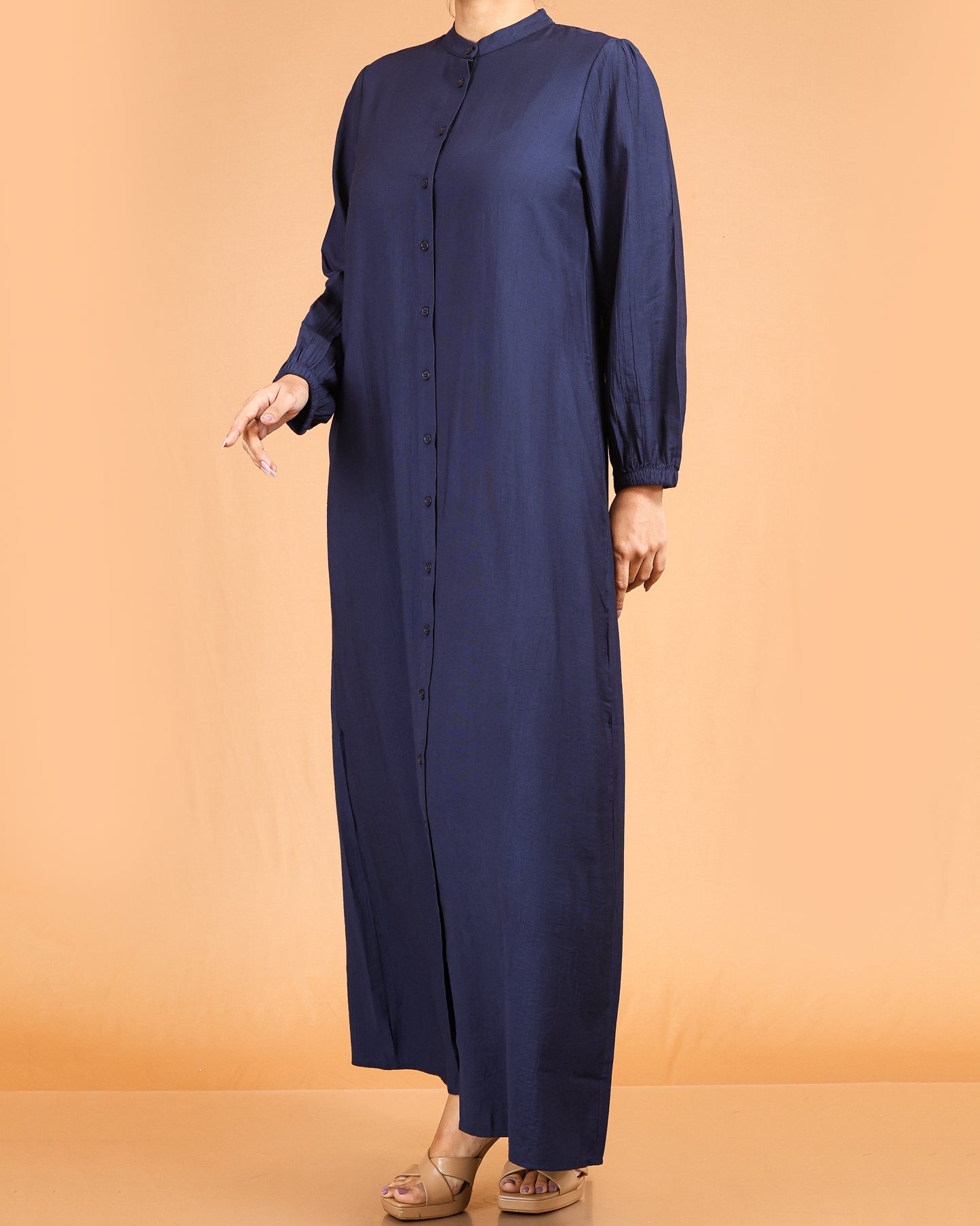 Serene Textured Full-Length Button Maxi – Navy