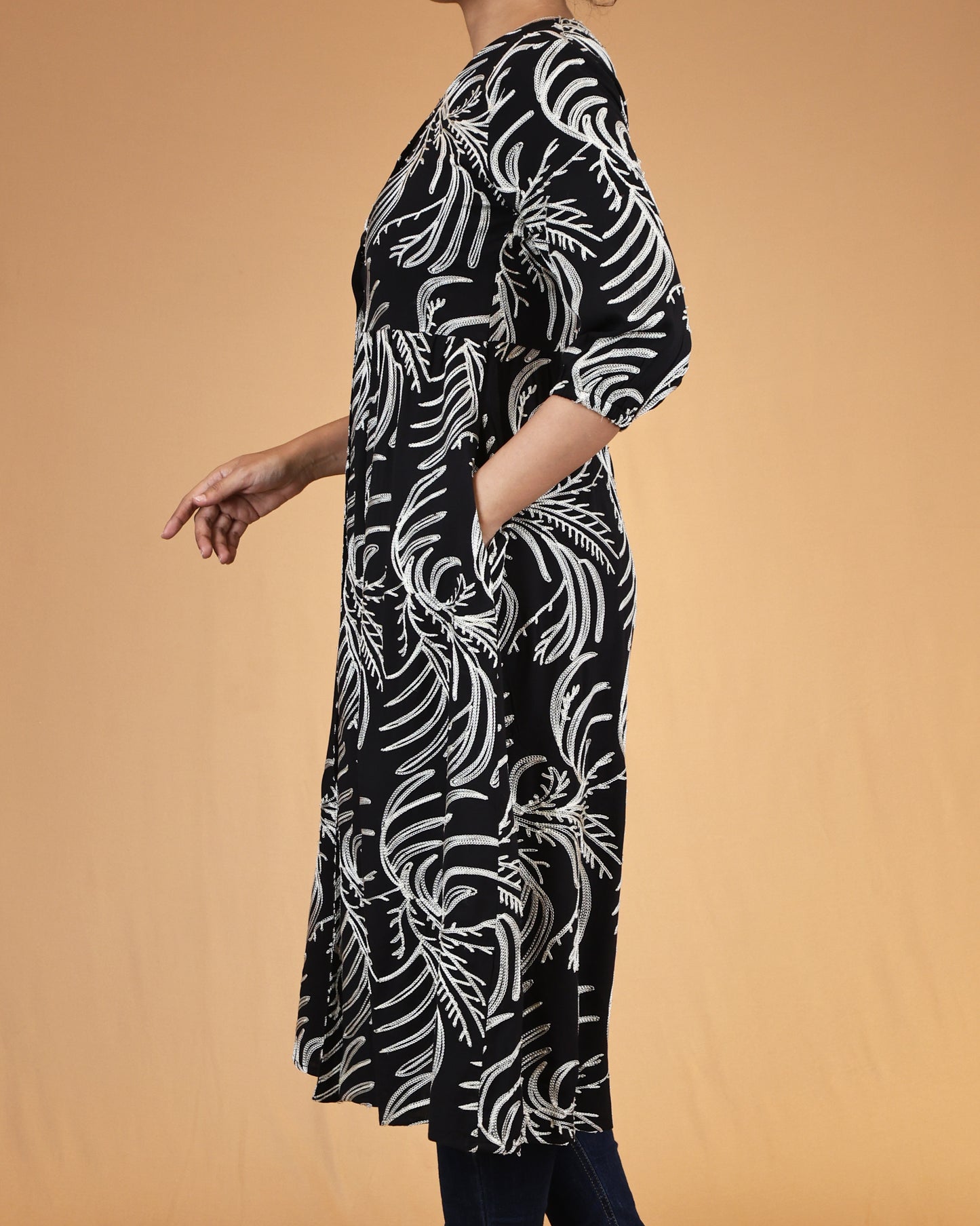 Midnight Noir Embroidered Button-Front Midi Dress