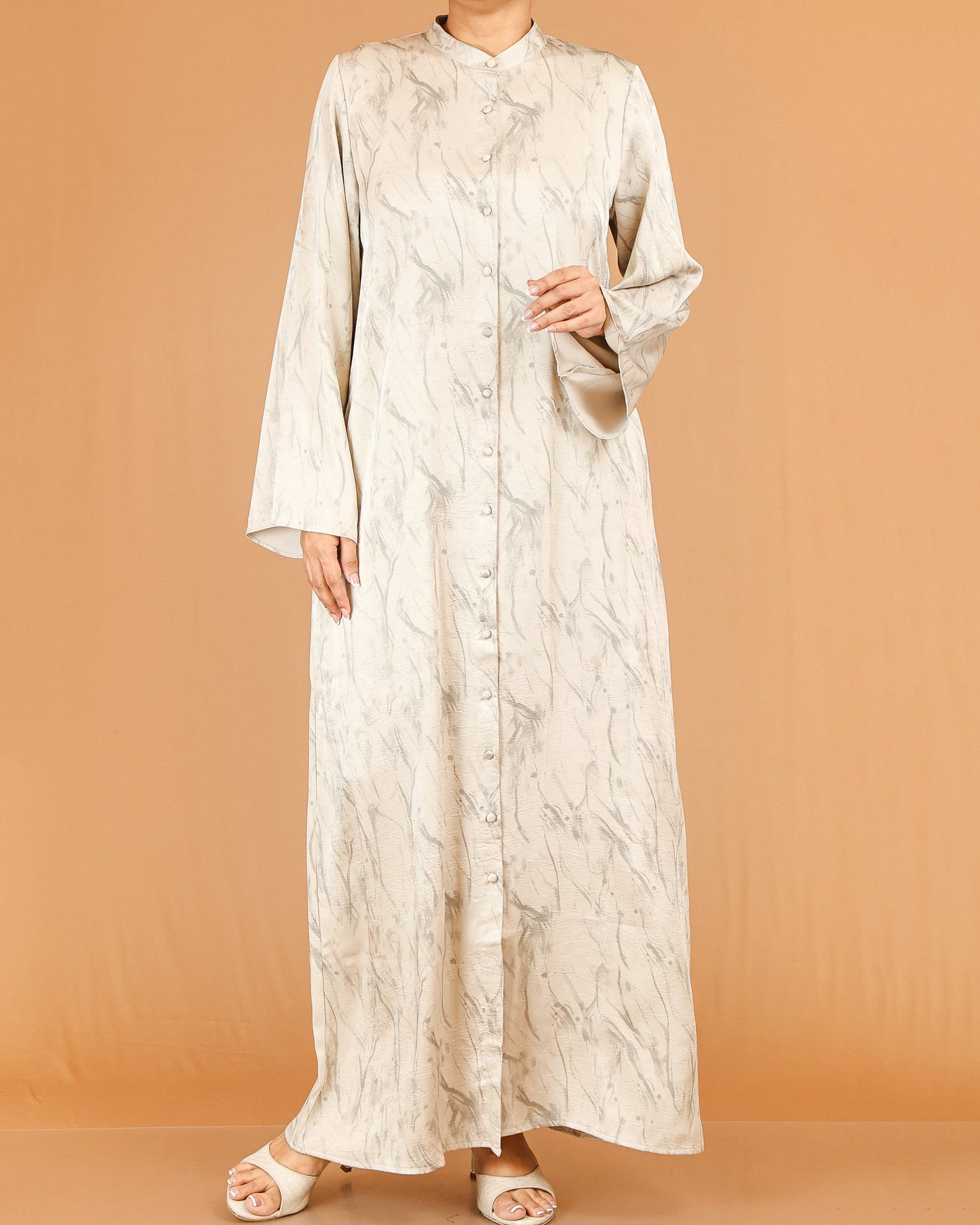 Cream Marble Print Abaya Maxi with Front Button Detail