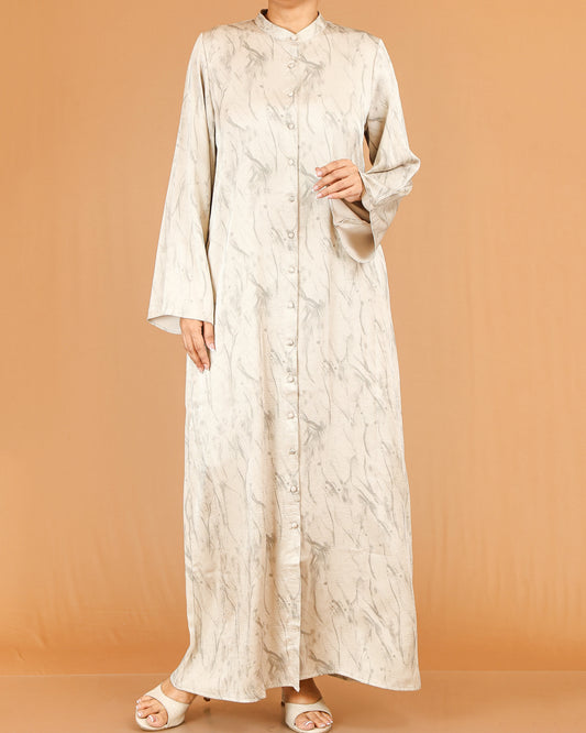 Cream Marble Print Abaya Maxi with Front Button Detail