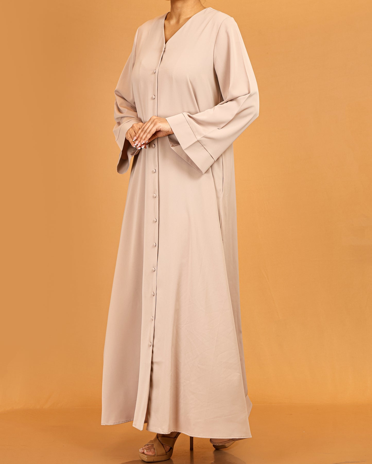 Button-Front Flared Sleeve Abaya Maxi – Beige