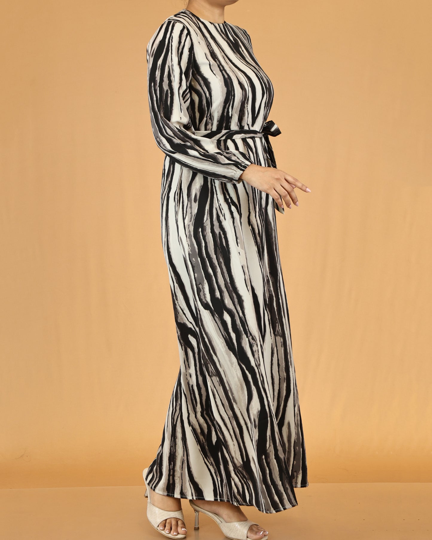 Waist Tie Belt Long Sleeve Grey Zebra Print Maxi Dress