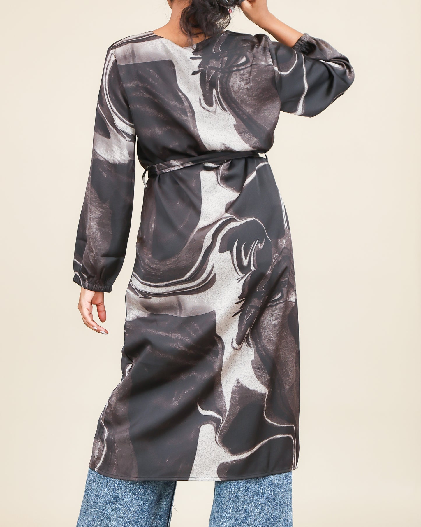 Charcoal Marble Flow Belted Top