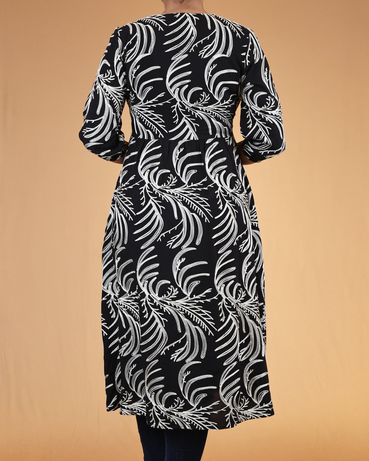 Midnight Noir Embroidered Button-Front Midi Dress