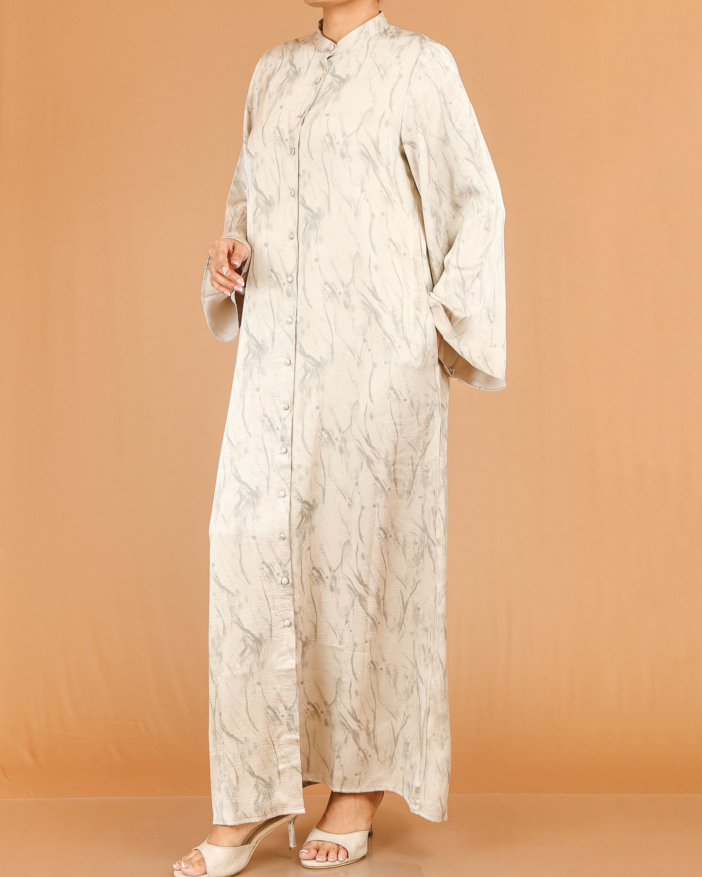 Cream Marble Print Abaya Maxi with Front Button Detail
