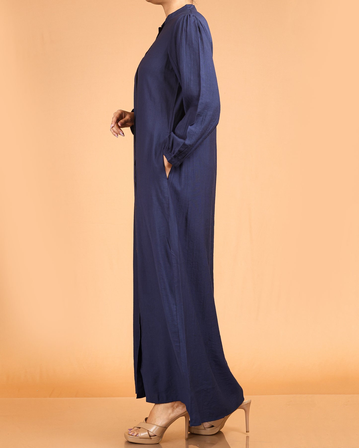 Serene Textured Full-Length Button Maxi – Navy