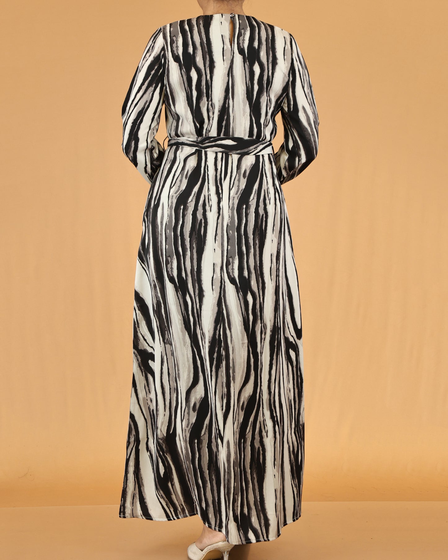Waist Tie Belt Long Sleeve Grey Zebra Print Maxi Dress