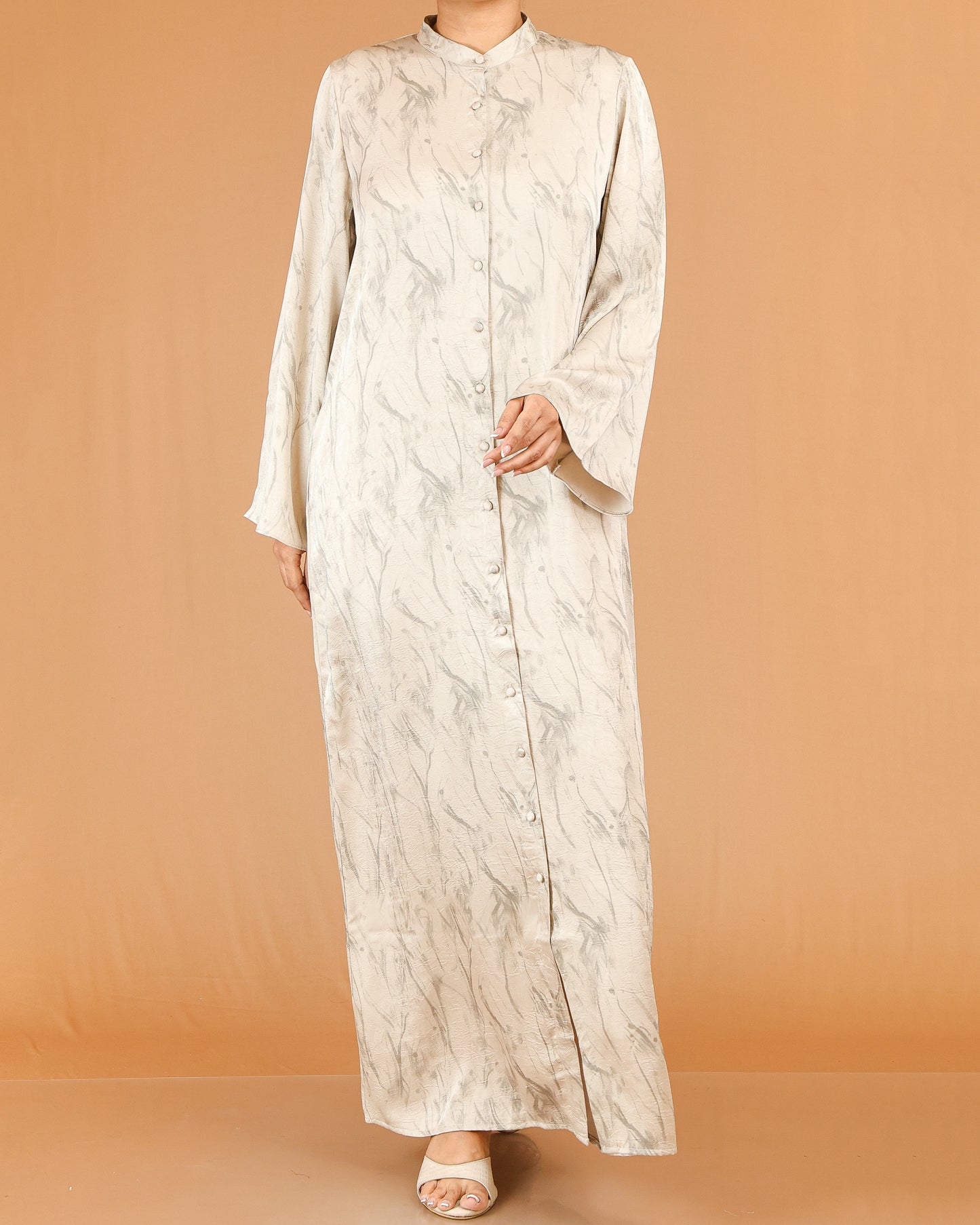 Cream Marble Print Abaya Maxi with Front Button Detail