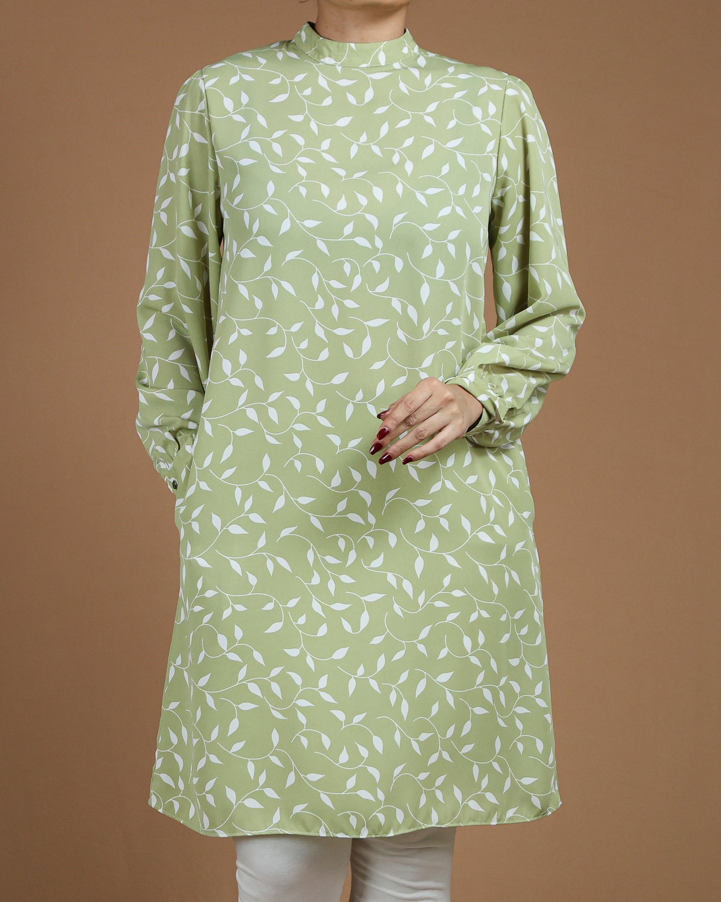Leaf-Print Long Top with Pockets