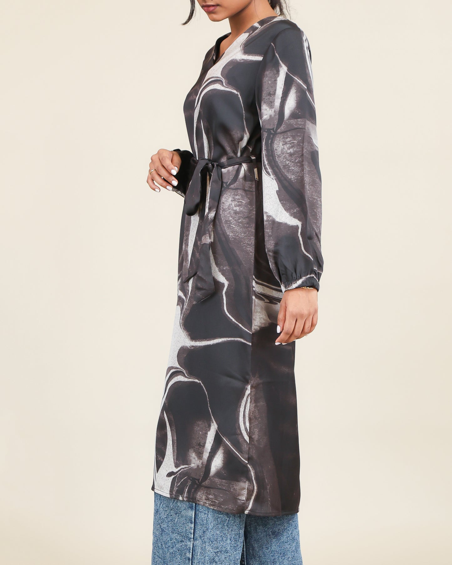 Charcoal Marble Flow Belted Top