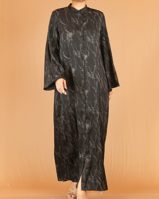 Black Marble Print Abaya Maxi with Front Button Detail