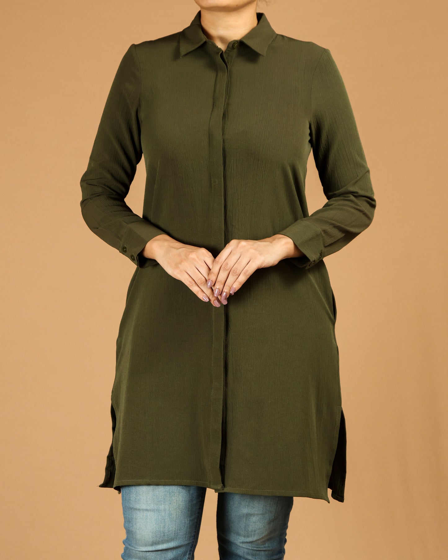 Classic Button-Down Long Shirt with Side Slits