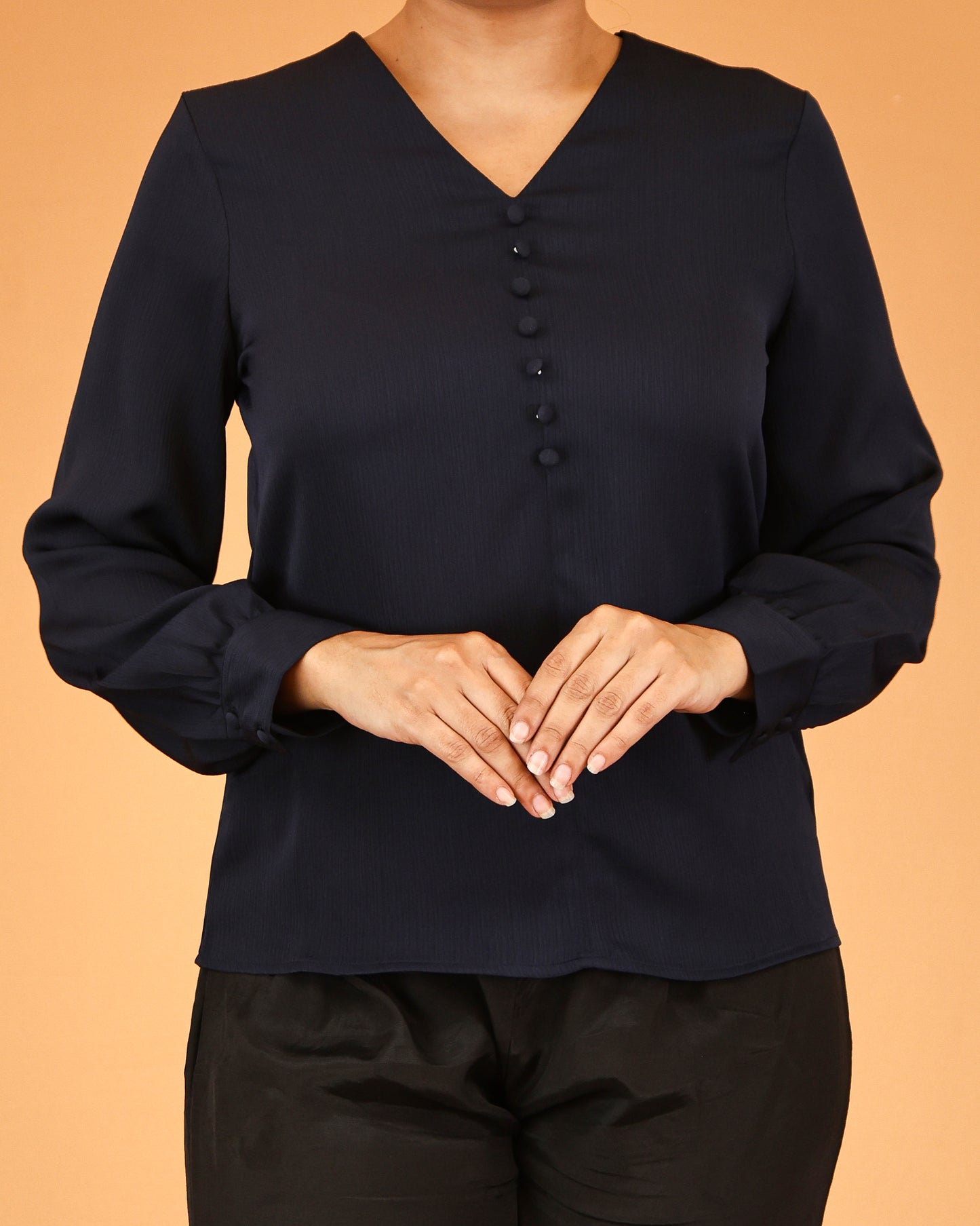 Deep Navy Buttoned V-Neck Top