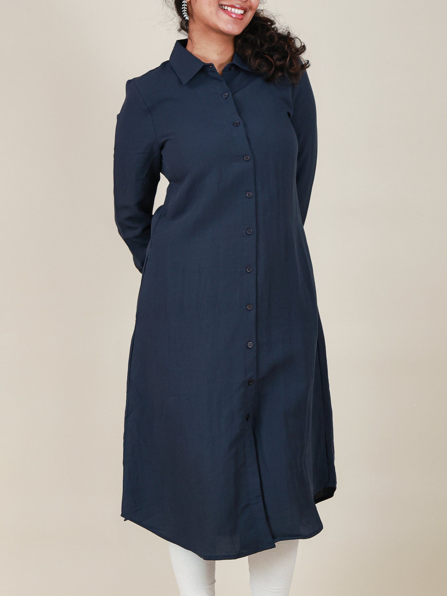 Arlette Button Front Shirt Dress in Midnight Navy
