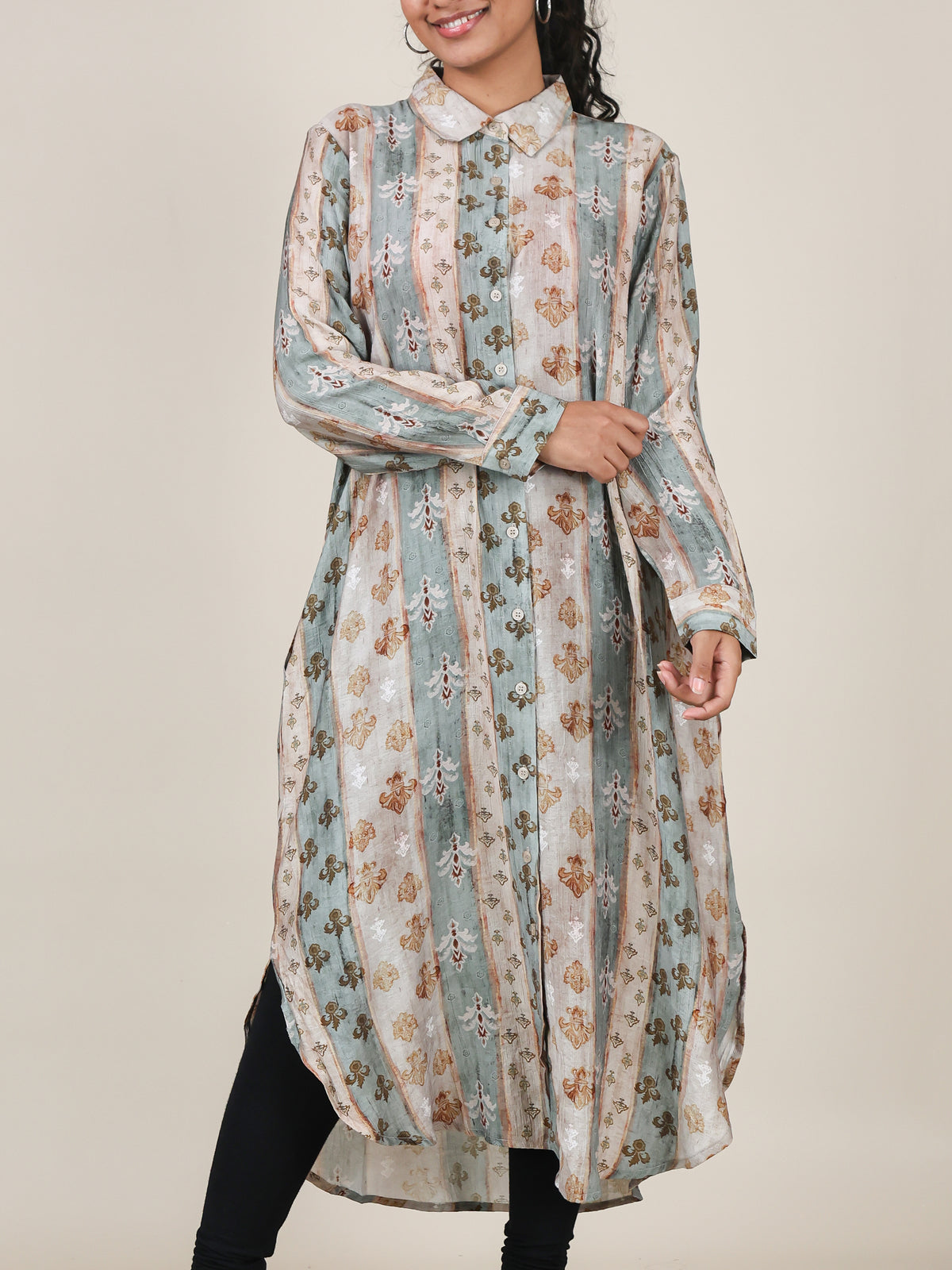 Nerissa Sage Stripe Print Shirt Dress
