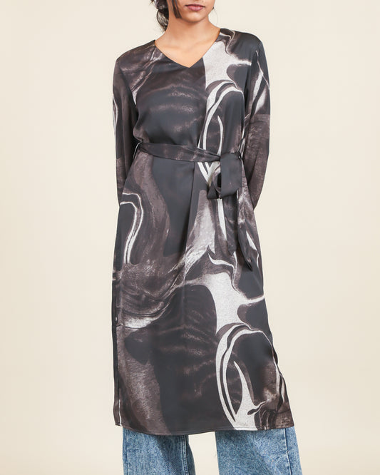 Charcoal Marble Flow Belted Top