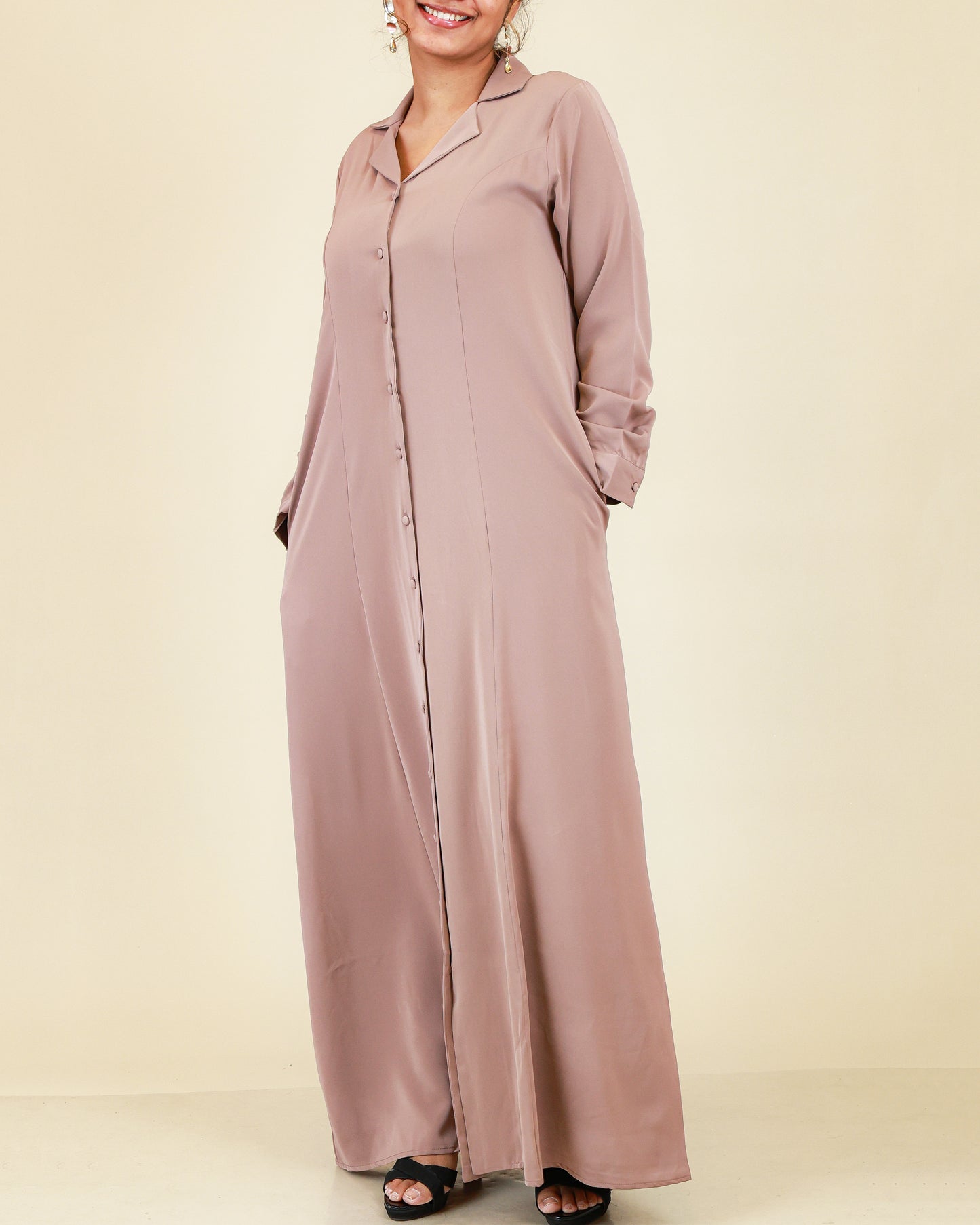 Elara Button Front Abaya in Dusty Rose