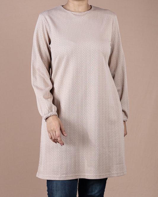 Casual Long Sleeve Tunic Dress for Women - Beige