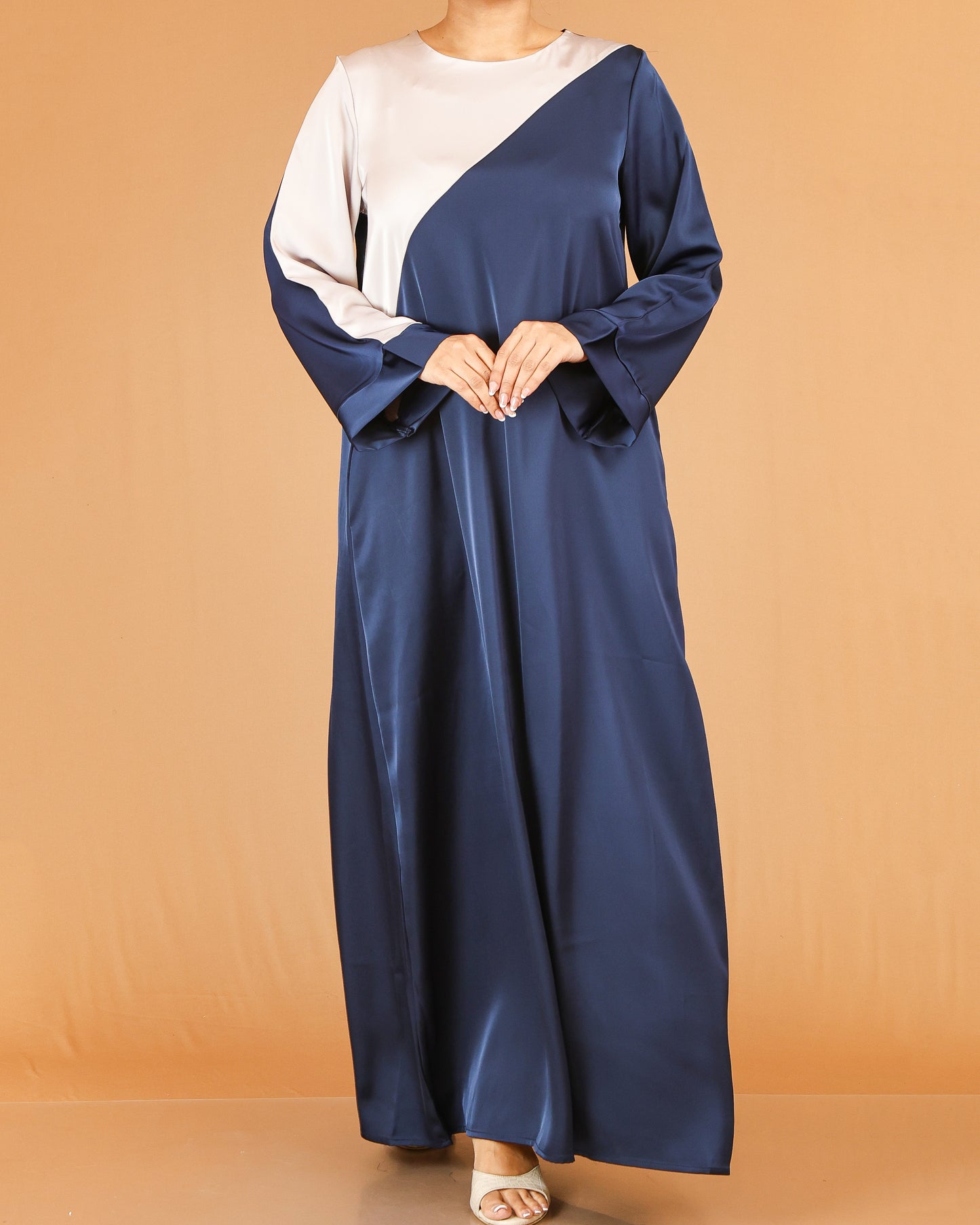 Navy Blue & Beige Asymmetric Panel Abaya with Contrast Sleeve Detail
