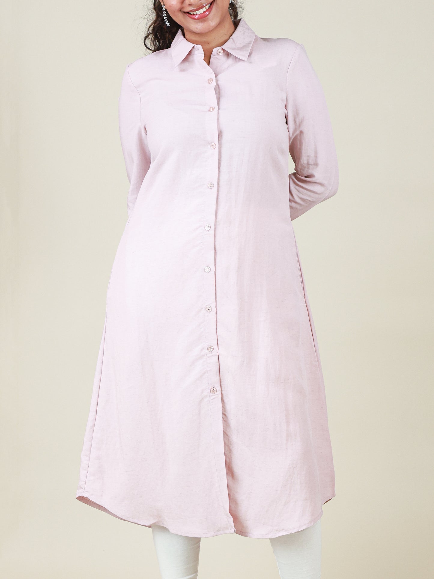 Arlette Button Front Shirt Dress in Blush Pink