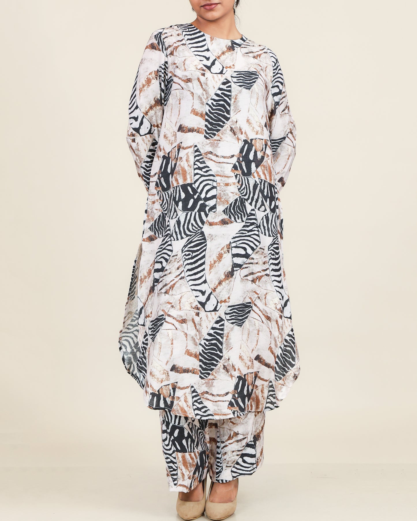Beige Noir Abstract Printed Co-Ord Set with Flow Silhouette