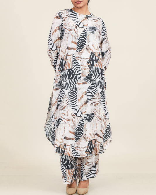 Beige Noir Abstract Printed Co-Ord Set with Flow Silhouette